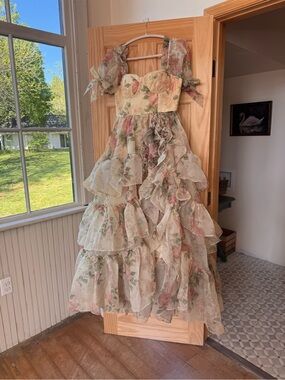 Romantic Cream Maxi Dress with Pink Floral Print